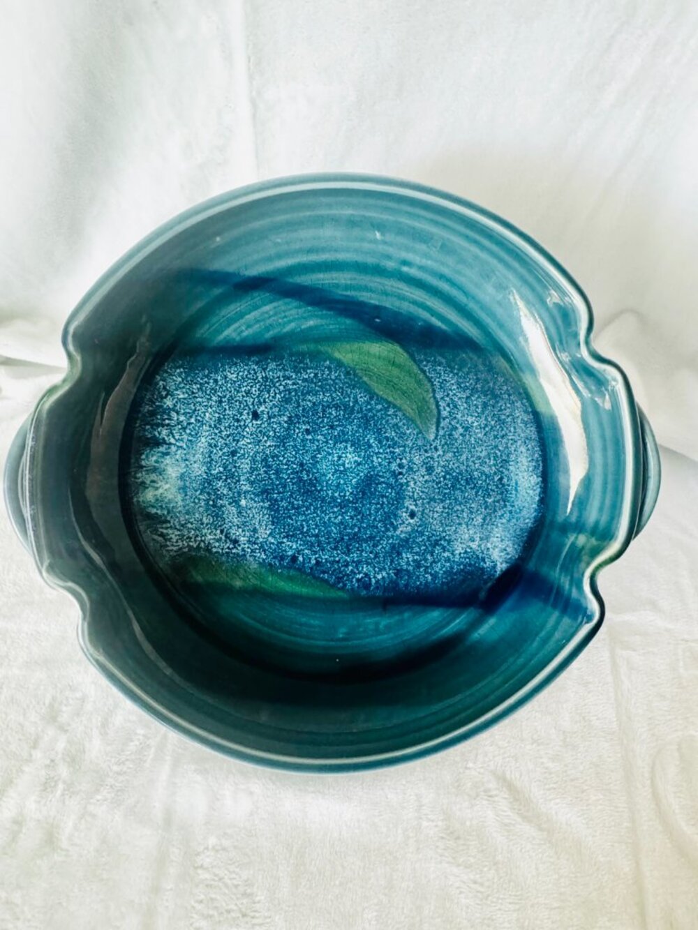 Vtg Handmade Glazed Pottery Serving Bowl 11.5" with Handles Green Turquoise Acce